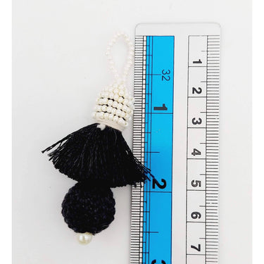Black Crochet Ball Tassels With White Pearls Beads, Tassel Charms, Nylon Tassels x 2